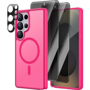 [4 in 1] Magnetic for Samsung Galaxy S25 Ultra Case, 2 Pics Privacy Screen Protectors and 1 Pic Camera Protector, Fit for MagSafe, Military Grade Shockproof Translucent Matte S25 Ultra Cover, Hot Pink