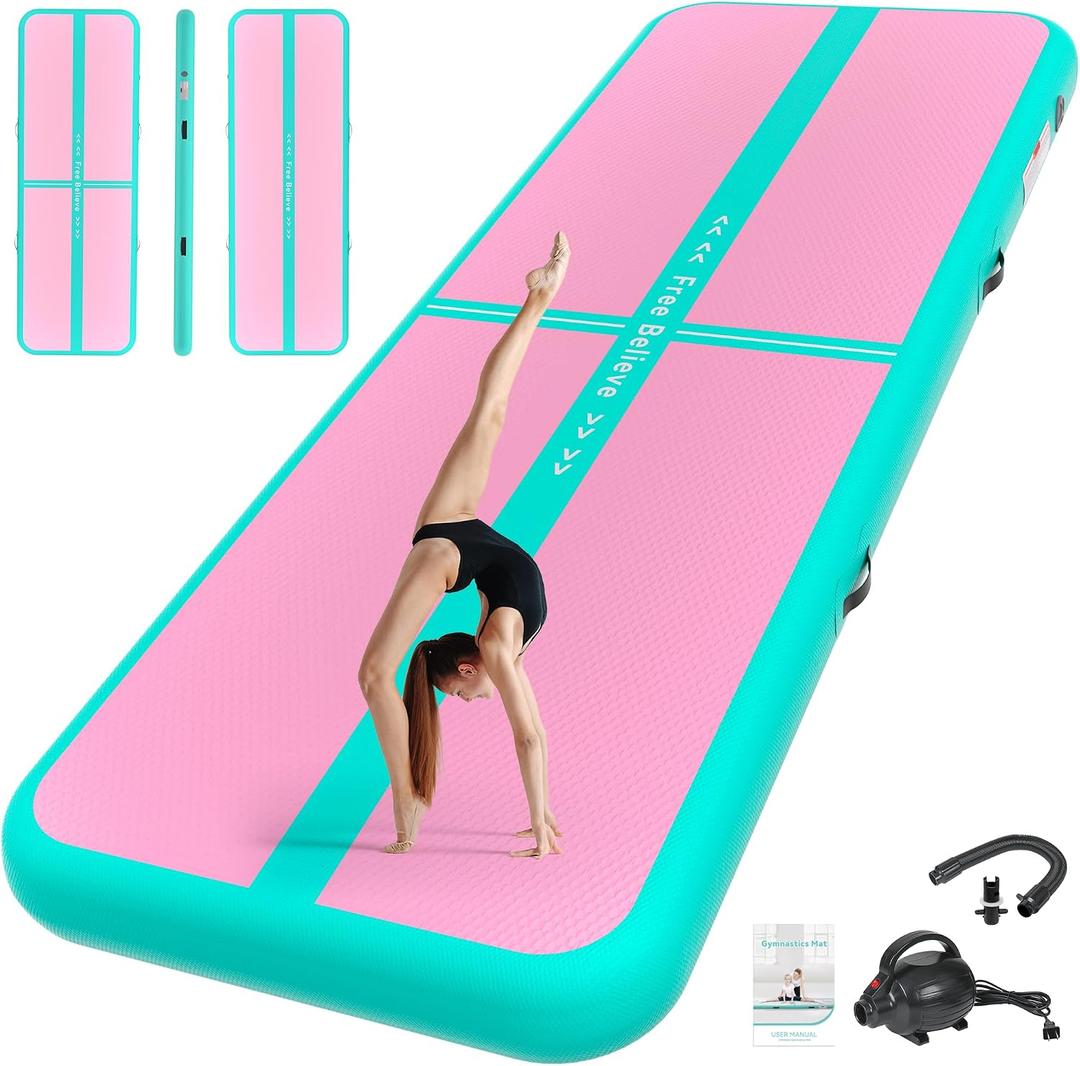 Pink Gymnastics Mat Inflatable Tumble Track Mats 16ft Training Mats for Home Air Mat for Kids with Pump 4" Thick for Cheerleading/Yoga/Exercise/Parkour/Beach/Park/Water