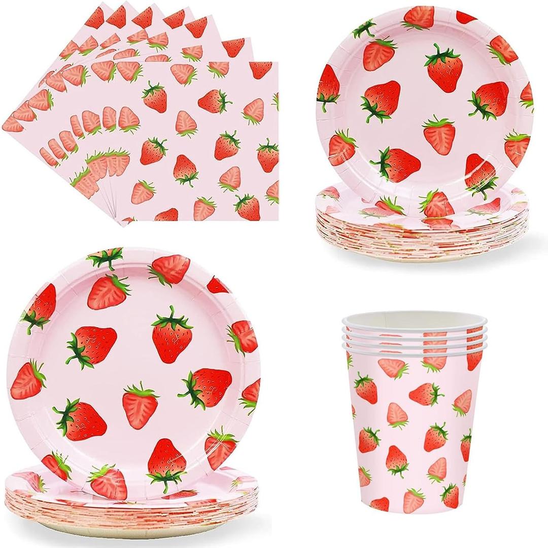 Strawberry Birthday Party Supplies - 80 Pcs Disposable Tableware Set for 20 Guests, Includes 9" Dinner Plates, 7" Dessert Plates, Cups & Napkins, Berry Sweet 1st Birthday Decorations