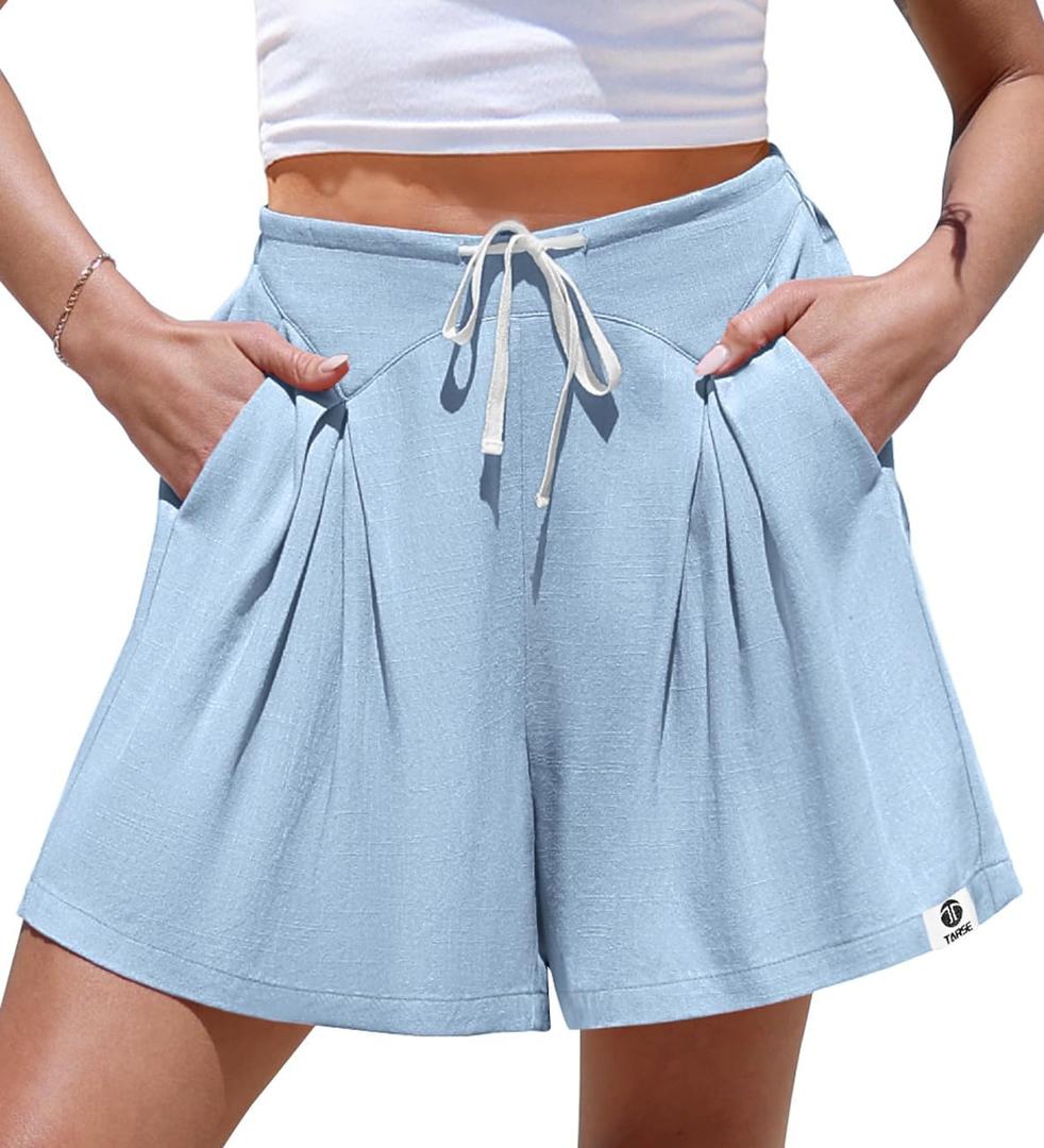 TARSE Linen Shorts for Women Casual Wide Leg High Waisted Shorts Loose Fit Drawstring Summer Beach Skort Pants (Blue, XXL)