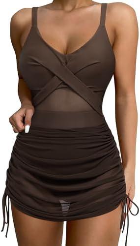 SUUKSESS Women One Piece Swim Dress Tummy Control Swimsuit Mesh Bathing Suit, Size: Medium