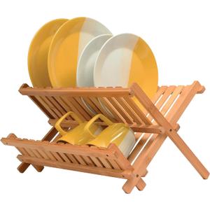 Dish Drying Rack - Collapsible 2-Tier Bamboo Dish Rack for Kitchen Counter, Wooden Dish Drainer with Foldable Space-Saving Design - Drying Rack for Dishes, Plates, and Cups