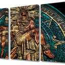 Maya Aztec Pictures for Living Room Maya and Aztec Painting Multi Panel Canvas Wall Art Mayan Aztec Warrior Artwork Modern Home Decor Wooden Framed Giclee Ready to Hang, 36" Wx24 H