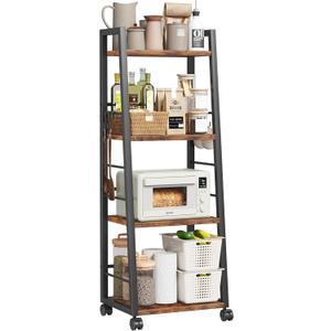 4 Tier Kitchen Storage Cart with Lockable Wheels & 6 Hooks, Mobile Utility Organizer Rolling Cart for Small Spaces, Bar Cart for Kitchen and Living Room, Rustic Brown