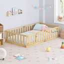 Spirich Twin Size Kids Floor Bed Frame with Fence and Door, Solid Wood Montessori Floor Bed for Kids with Safety Guardrails, Twin Bed Frame for Boys and Girls, Natural, 77"L x 40.9"W x 16.1"H