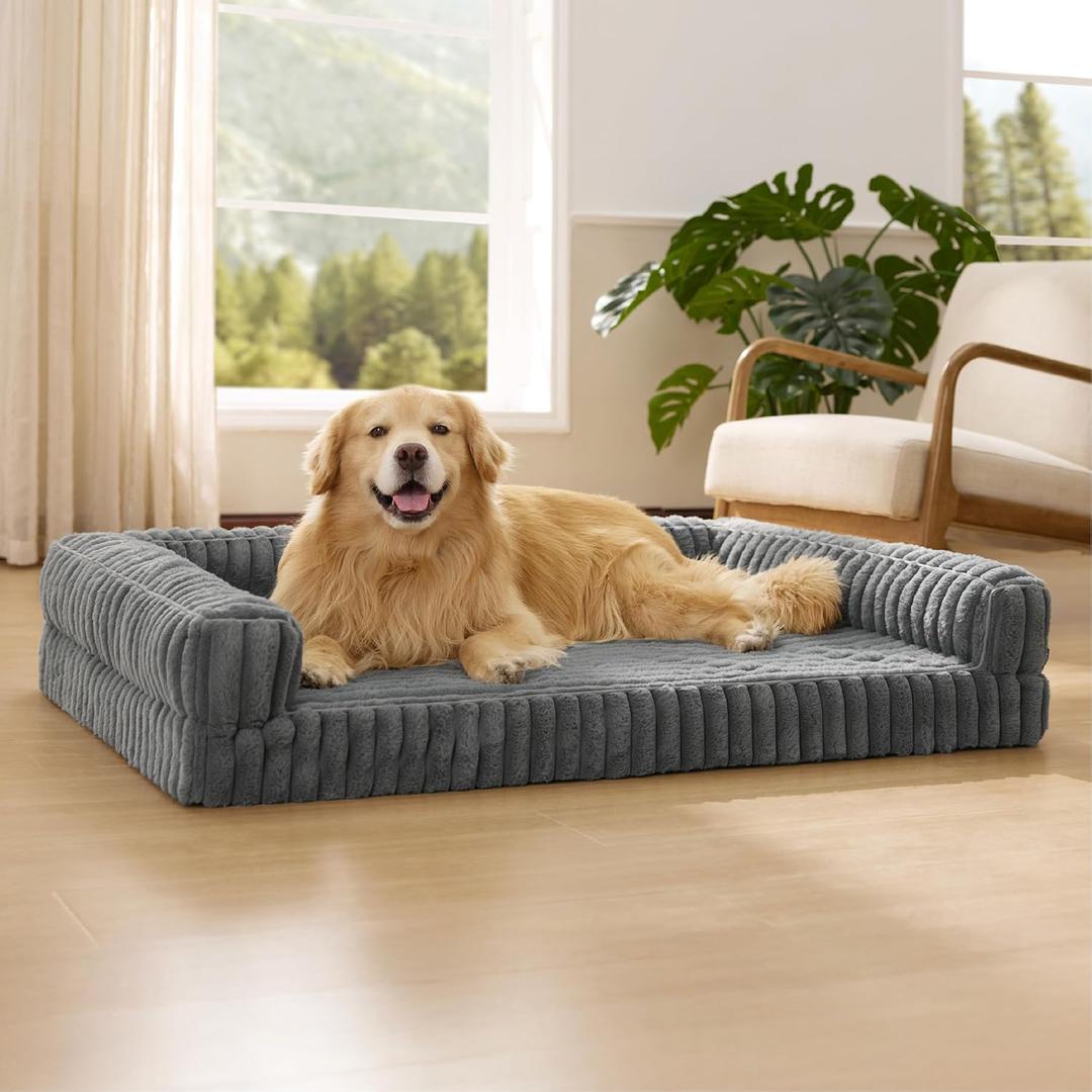 Bedsure ComfyFleece Orthopedic Dog Beds for Extra Large Dogs, Waterproof Memory Foam XL Pet Bed with Sides, Non-Slip and Egg-Crate Foam Big Dog Couch Sofa with Washable Corduroy Cover, Grey