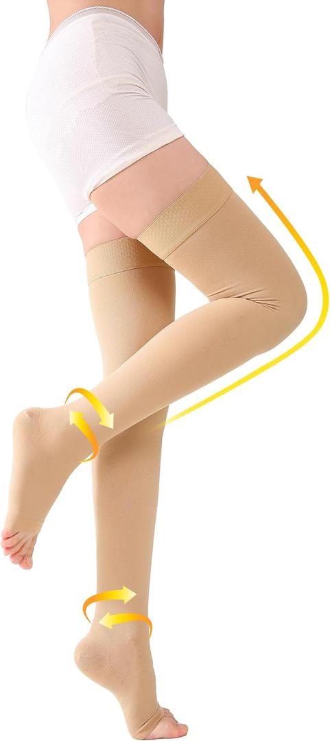 TOFLY Thigh High Compression Socks for Women & Men (Pair), Open Toe, Opaque, Firm Support 30-40mmHg Graduated Compression Hose, Medical Compression Stockings for Varicose Veins, Edema, DVT, Beige, Size S