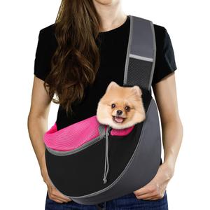 Pawaboo Dog Sling Carrier, Hand Free Breathable Mesh Bag for Puppy Cat, Drawstring Dog Papoose with Adjustable Strap and Pocket, Crossbody Satchel Dogs Purse for Outdoor Travel, L, Magenta