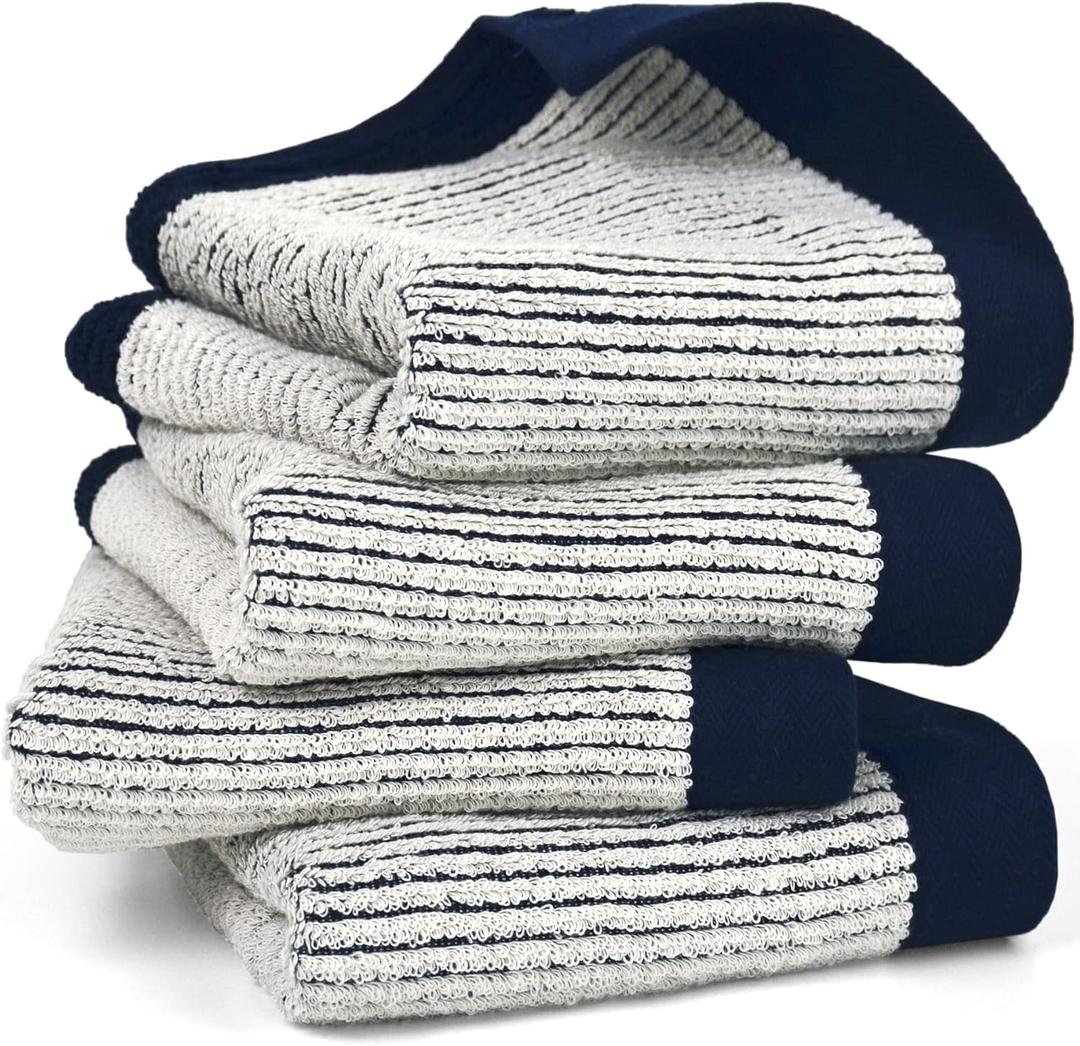 Cleanbear Hand Towels for Bathroom Set of 4, Jacquard Weave Bath Hand Towels, 28 x 13 Inches, Navy-Blue