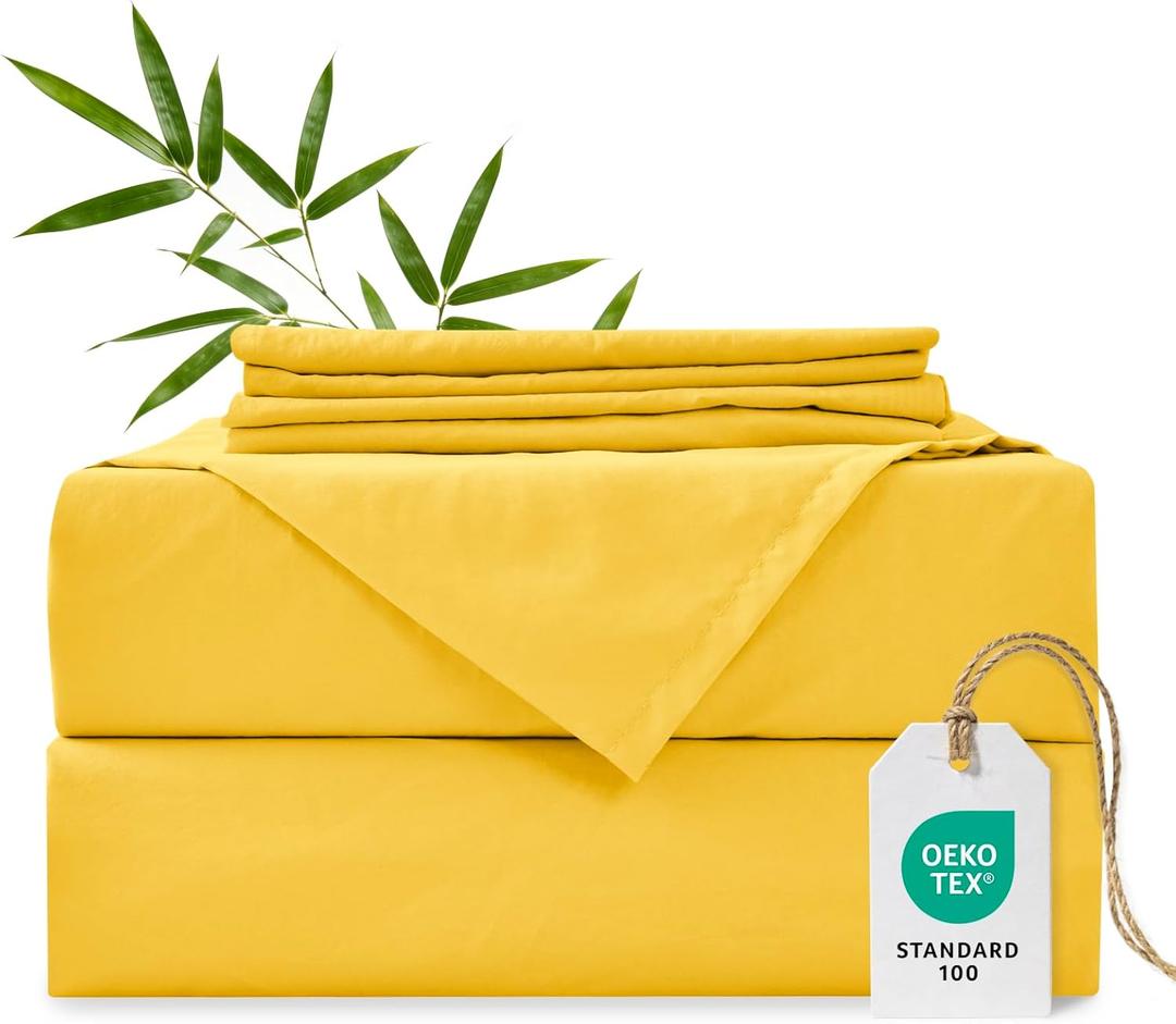 MCO Cooling Queen Sheets Set, Rayon Derived from Bamboo Sheets, Luxury & Silky Bedding Set with 16" Deep Pocket (Queen, Yellow)