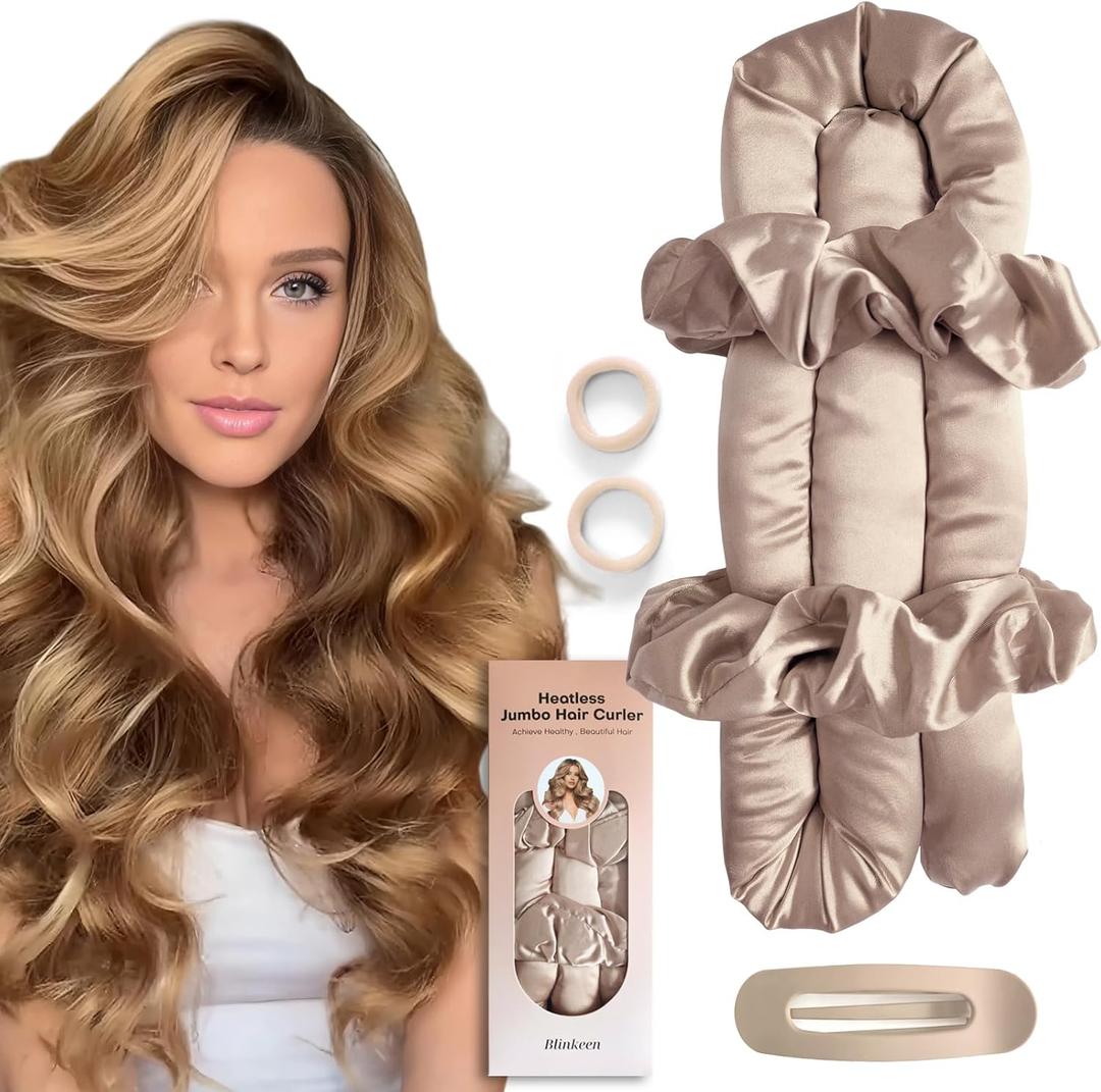 BLINKEEN Jumbo Heatless Hair Curler Set-Satin Heatless Curls Overnight, Jumbo Curling Rod Headband, No Heat Curlers To Sleep in (Beige)