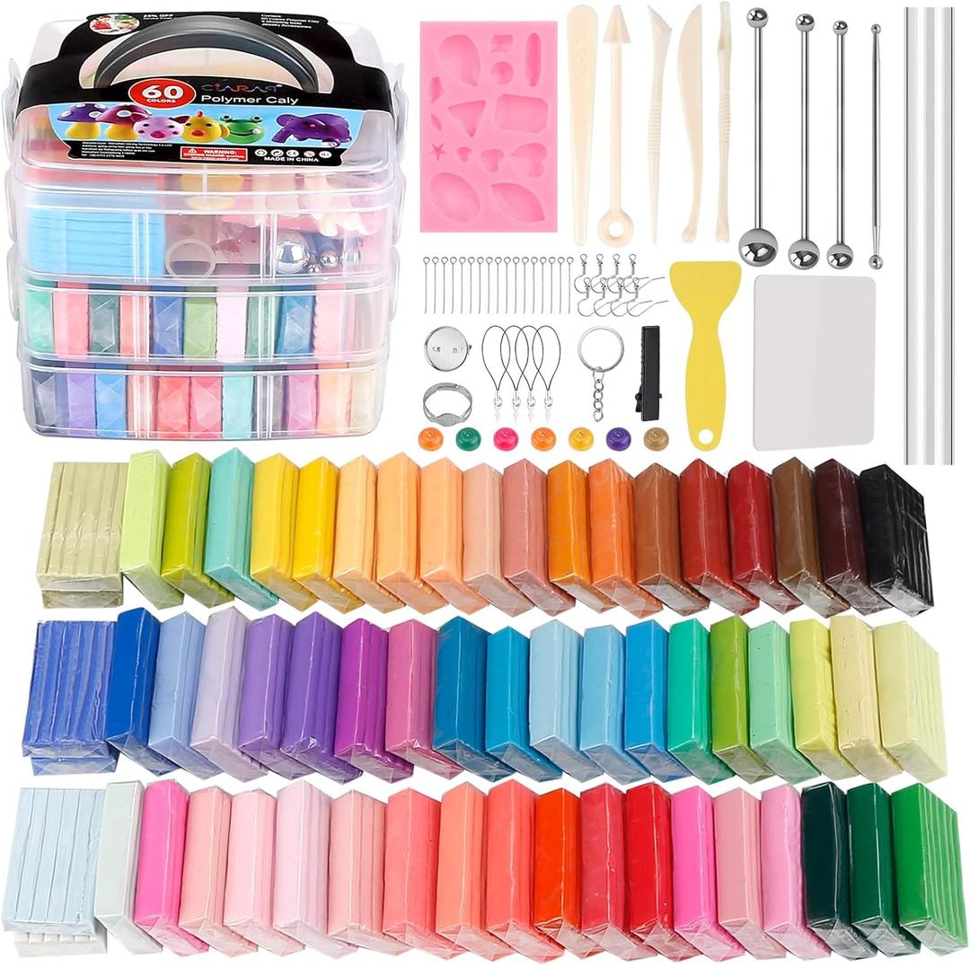 CiaraQ Polymer Clay Starter kit, Oven Baked Modeling Clay with Sculpting Tools, 60 Colors, 4.7 lbs