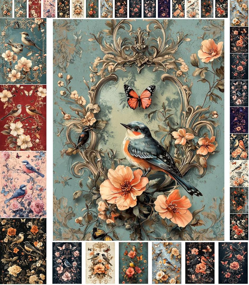 Decoupage Paper Pack (35 Sheets 6"x8") Birdsong Beauty: Graceful Birds Perched Among Floral Arrangements, accompanied by Butterflies, Creating a Harmonious, Vintage-Inspired Nature Scene FLONZ