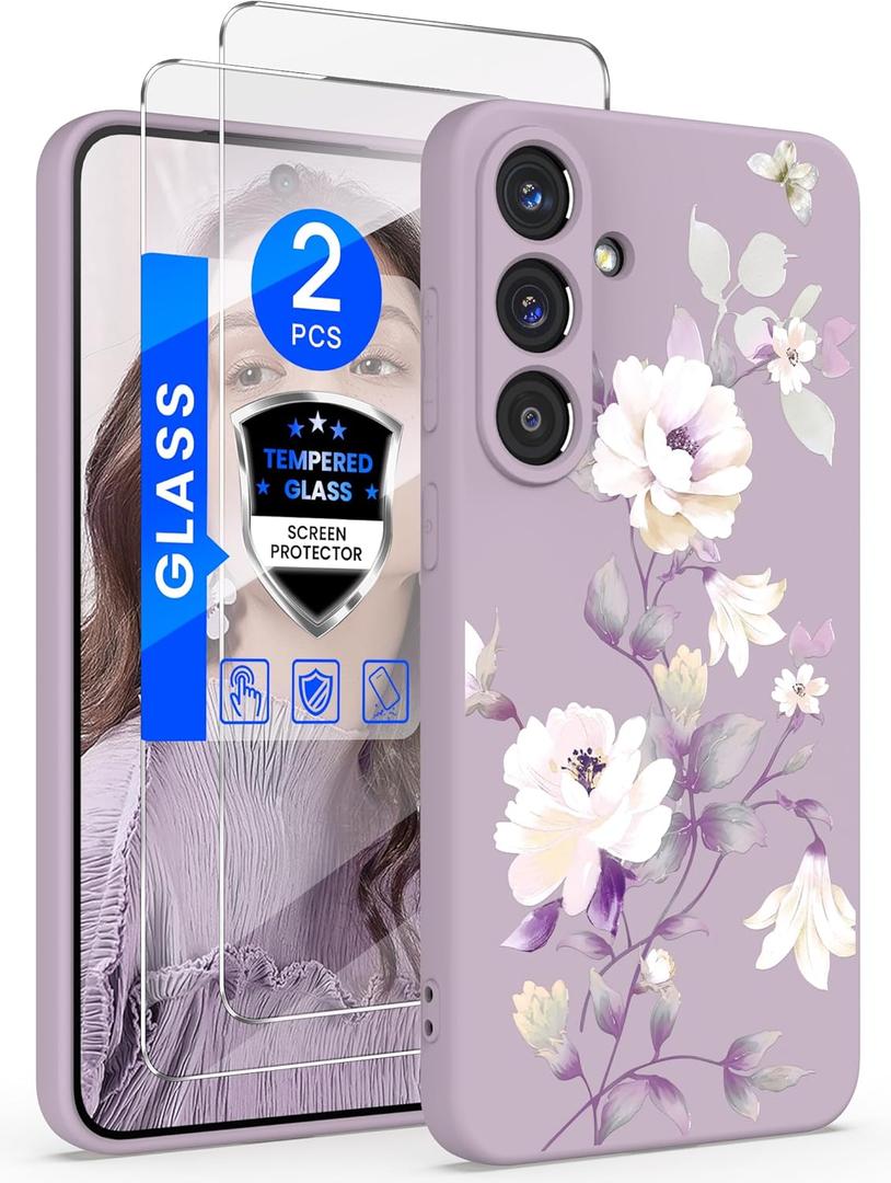 Yucenx for Samsung Galaxy S25 FE 5G Case with 2X Screen Protector, Girls Women Florals Liquid Silicone Phone Case, Shockproof Anti-Scratch Soft Protection Case for Galaxy S25 FE 5G (Purple)