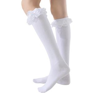 YASIDI Fashion Knee High Socks for Women, Cotton Lace Ruffle White Long Tube Socks (US 5,9, Regular, 1 Pairs-White-Lace Bow)