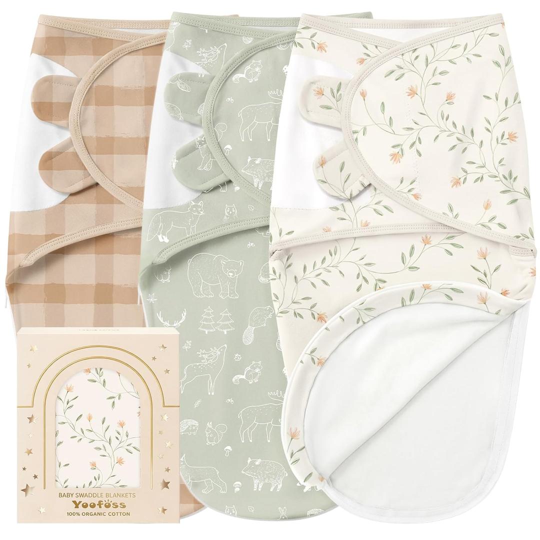Yoofoss Baby Swaddles for Newborns 100% Organic Cotton, Adjustable Swaddle 0-3 Months 2 Zippers Newborn Swaddle Sack, Breathable Soft Durable (Brown Green White Floral Vine)