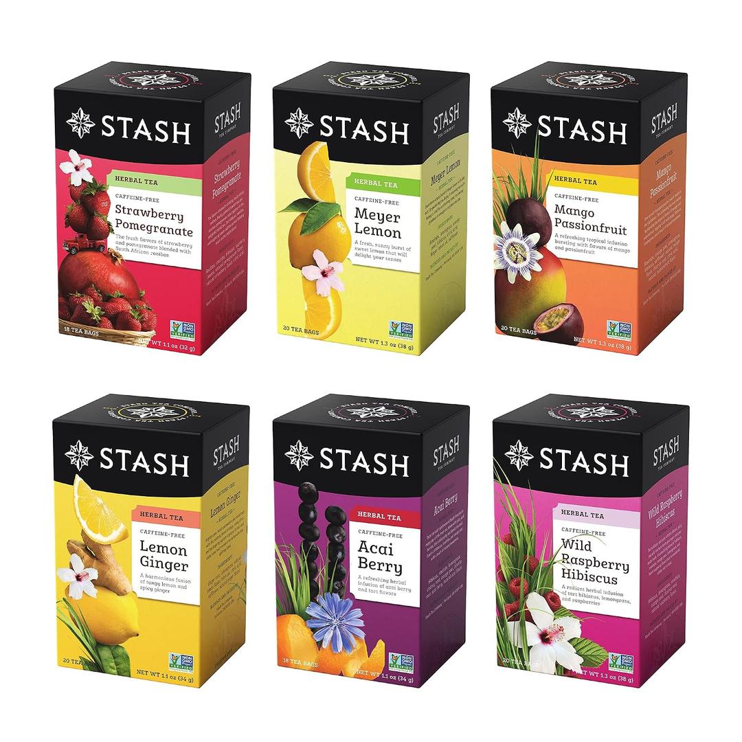 Stash Tea Fruity Herbal Tea 6 Flavor Tea Sampler, 6 boxes With 18-20 Tea Bags Each (EXP 11/30/26)