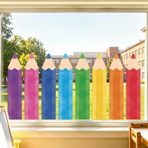 2 x 8 Sheets Back to School Window Clings Decorations Large Colorful Watercolor Pencil Window Clings Stickers Double-Sided First Day of School Classroom Decor for Classroom Home Wall Mirror Glass Decors