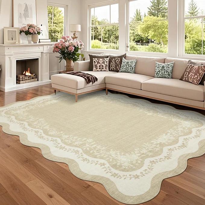 Garvee Scalloped Washable Rugs for Living Room 8x10 Farmhouse Floral Area Rugs, Non Slip Low Pile Soft Dining Room Carpet, Stain Resistant Foldable Indoor Floor Mats for Home Office, Beige