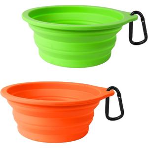PetBonus 2-Pack Silicone Collapsible Dog Bowls, BPA Free Dishwasher Safe, Portable Foldable Expandable Travel Bowl, Food Water Feeding Cup Dish for Dogs Cats with 2 Carabiners (Green, Orange)