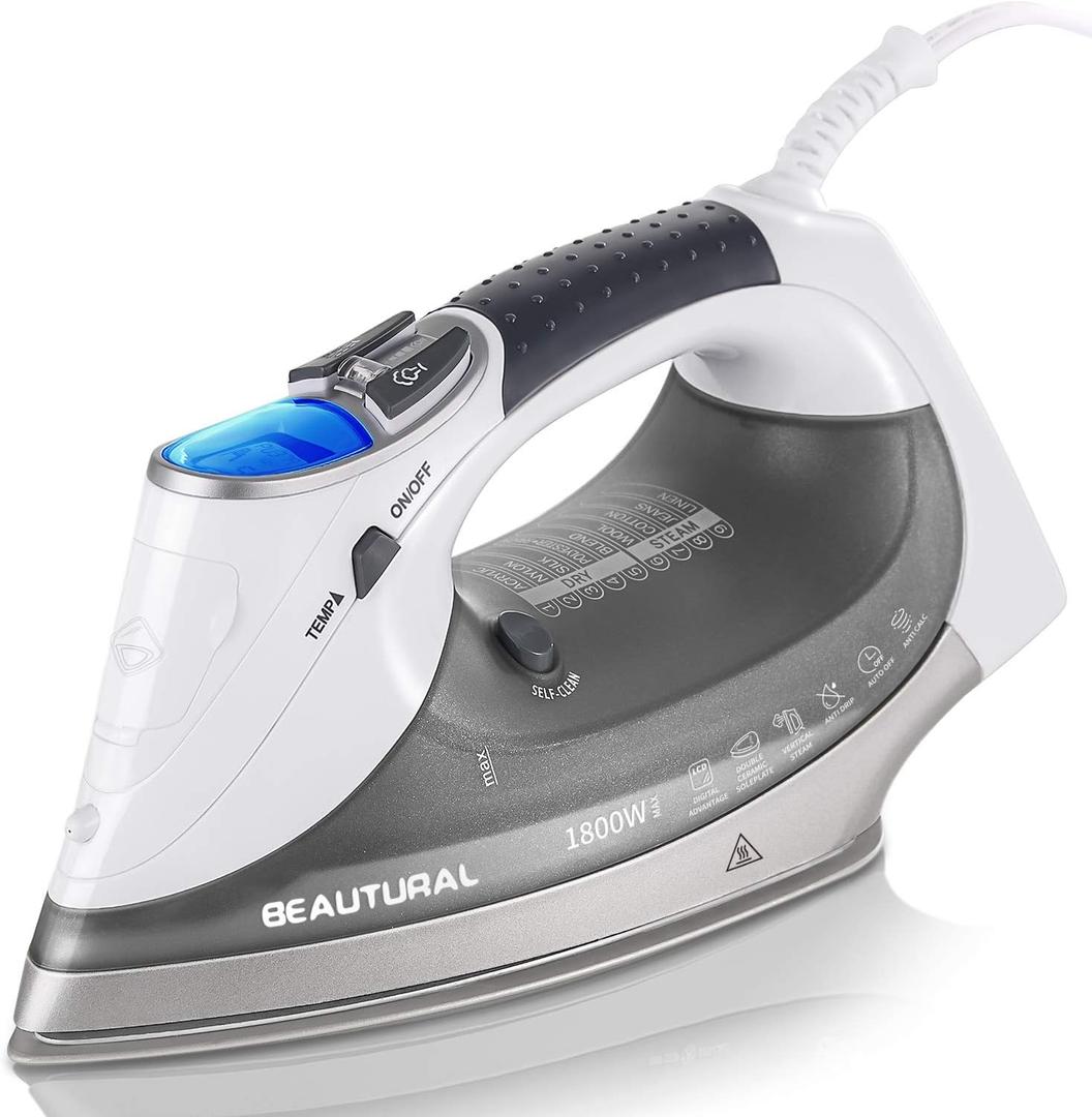 BEAUTURAL 1800Watt Steam Iron with Digital LCD Screen, DoubleLayer and Ceramic Coated Soleplate, 3Way AutoOff, 9 Preset Temperature and Steam Settings for Variable Fabric Gray