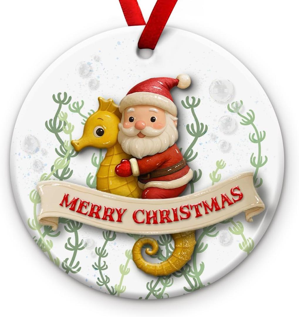 2 x KILYHOME Seahorse Christmas Ornament 2025 - Cute Beach Themed Animal Home Decoration, Funny Santa Ornament - Sea Horse Decor for Xmas Tree Hanging, Ideas for Seahorses Lovers