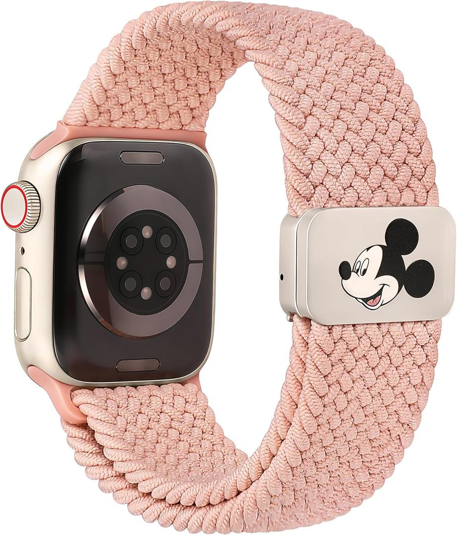 Braided Cartoon Magnetic Clasp Band Compatible with Apple Watch Bands 46mm(Series 11 10)/49/45/44/42mm(Series 3 2 1) Women Men, Stretchy Elastic Nylon Woven Strap for iWatch Series 11 10 9 8 7 6 5 4 SE/Ultra 3 2 1 (Nude Pink)
