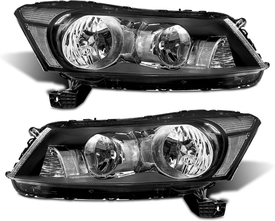 AS Headlight Assembly for 2008 2009 2010 2011 2012 Honda Accord 4dr Sedan Headlamps with Black Housing Amber Reflector Clear Lens Driver and Passenger Side