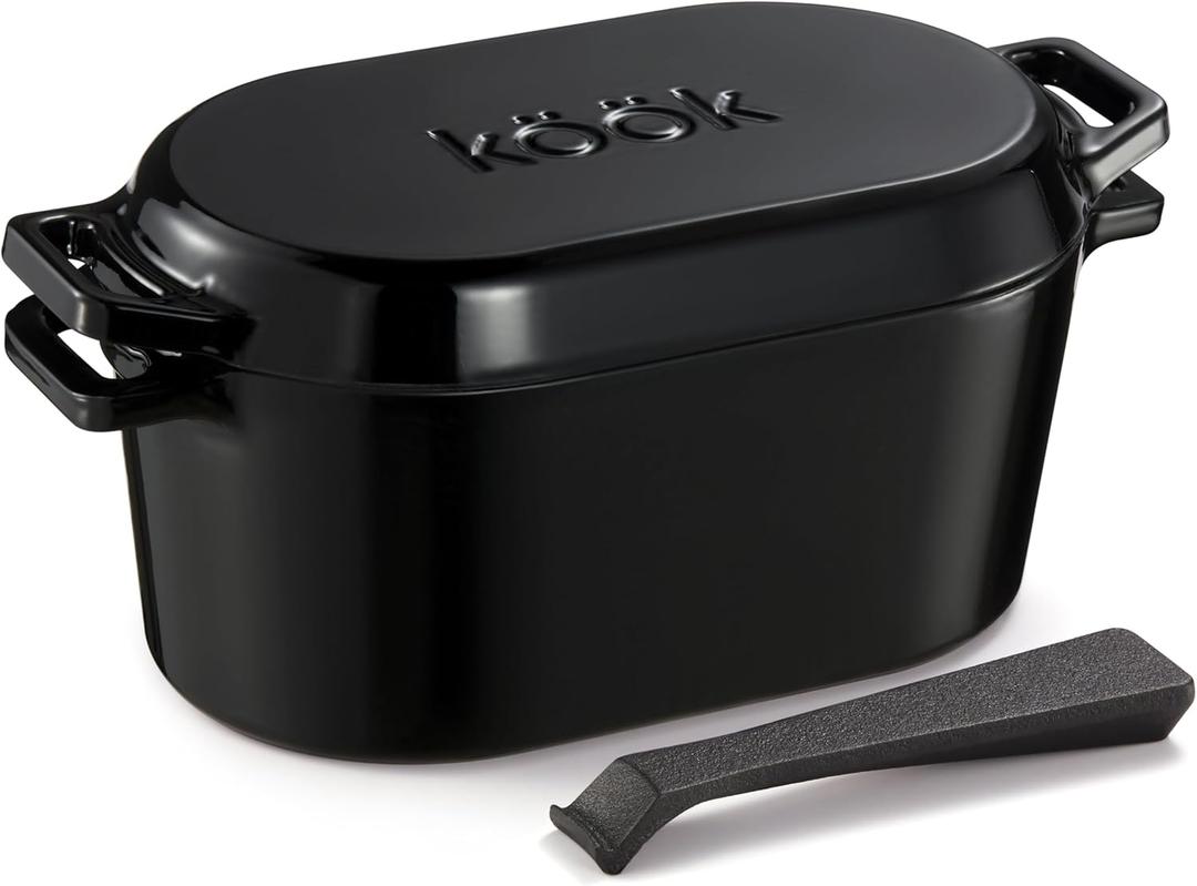 KooK Dutch Oven, Oven for Sourdough Bread Baking, with Lid, Dual Handles, Enameled Cast Iron, includes Lid Lever, Great for Baking Bread, Cooking and Roasting, Dishwasher Safe, 3.4 Qt, Black