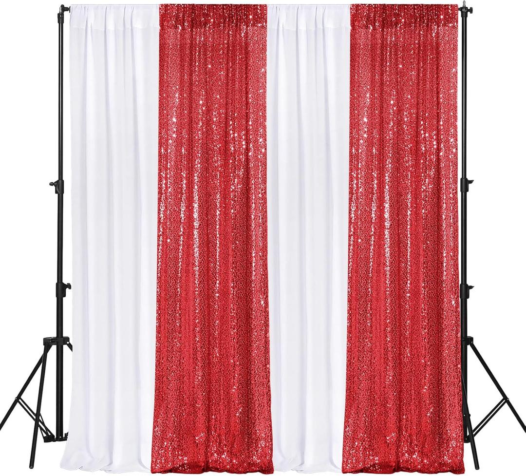 VitalCozy 4 Panels Backdrop Curtains 2 Pcs 4 x 10 ft Sequin Glitter 2 Pcs 7 x 10 ft Chiffon Photo Background Curtains for Graduation Wedding Birthday Party Decorations(White, Red)