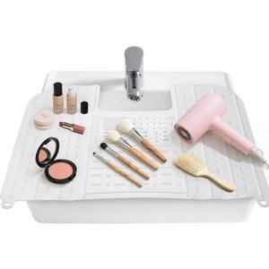 Bathroom Sink Cover for Counter Space, Foldable Silicone Makeup Mat with Steel Frame Core for Hot Tools & Studio Hair Styling, Brush Cleaning Surface Beauty Gift for Women & Dorm, White
