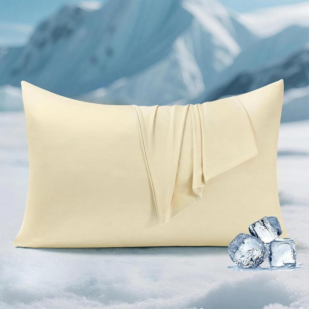 Elegear Cooling Pillow Cases for Hot Sleepers, Clean Fabric Silver Infused Cooling Pillowcase Q-Max>0.5, Soft Silky Pillowcases for Hair & Skin, Summer Zipper Pillowcase Cover Set of 2-Queen, Beige