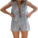 Women Casual Summer Lounge Set Y2k 2 Piece Outfits Set Sleeveless Tie Front Tank Top Vest Boxer Shorts Pj Set (Small, Dark Blue)