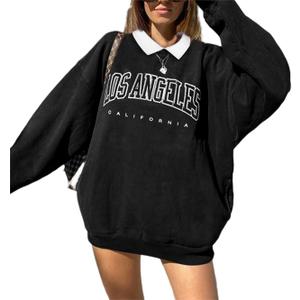 LilyCoco Women Polo Sweatshirt Graphic Pockets Lightweight Sweatshirts Black Medium