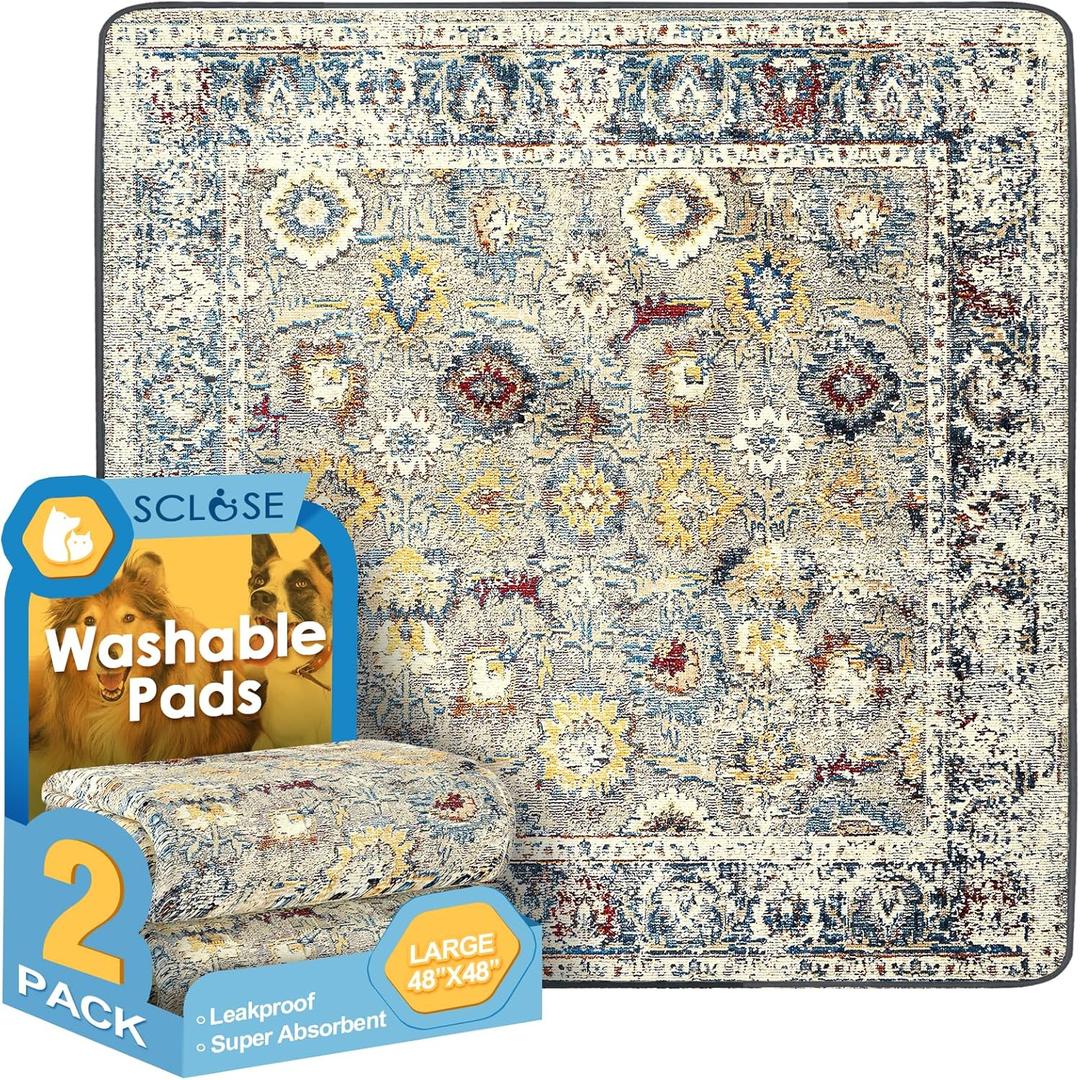 Washable Pee Pads for Dogs Large 2 Pack, 48" x 48" Reusable Puppy Pads Waterproof Dog Rugs, Super Absorbent, Leakproof, Dog Crate Pad, Playpen Mat, Whelping Pads, Vintage