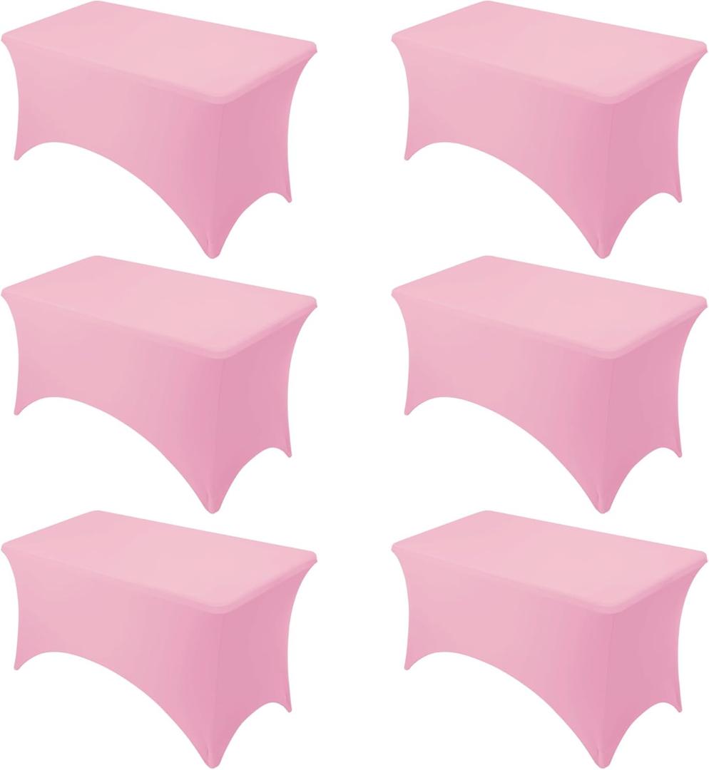 6-Pack Premium Pink Spandex Tablecloths for 4ft Rectangle Tables, Stain & Wrinkle-Resistant, Washable Stretch Polyester Fitted Table Cover for Weddings, Banquets, Trade Shows Events
