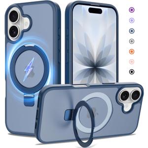 Ultra-Magnetic Stand for iPhone 17 Case [Military Drop Protection] [Compatible with MagSafe] Shockproof Translucent Matte Slim Ring Holder Case for iPhone 17 (Blue)