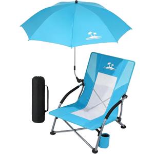 Folding Beach Chair with Umbrella, Low Profile Portable Sand Chair for Adults, Breathable Mesh Beach Seat with Cup Holder, Heavy Duty Lightweight Camping Chair, Ocean Blue with Light Blue, 1pc