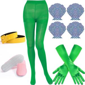 6 Pcs Halloween Mermaid Cosplay Costume Adults Green Pantyhose, Gloves, Purple Seashell Bra, Yellow Belt and Pink Slipper for Women Men Role Play Party Accessories Supplies, One size