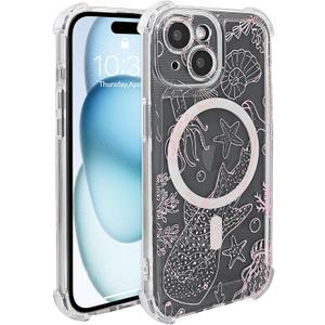 for iPhone 14 Case Clear Magnetic, Compatible with MagSafe, Ocean Marine Animals Pattern, Slim Shockproof Camera Lens Protection Phone Case for Women Men 6.1" - Pink