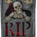 Halloween Decoration Indoor 7.6 Tombstone Statue with LED Lights Spooky Skull Head Gravestone Skeleton RIP Lighting Changes Halloween Village for Table Shelf Home Party Outdoor Decor Gifts (Gray)