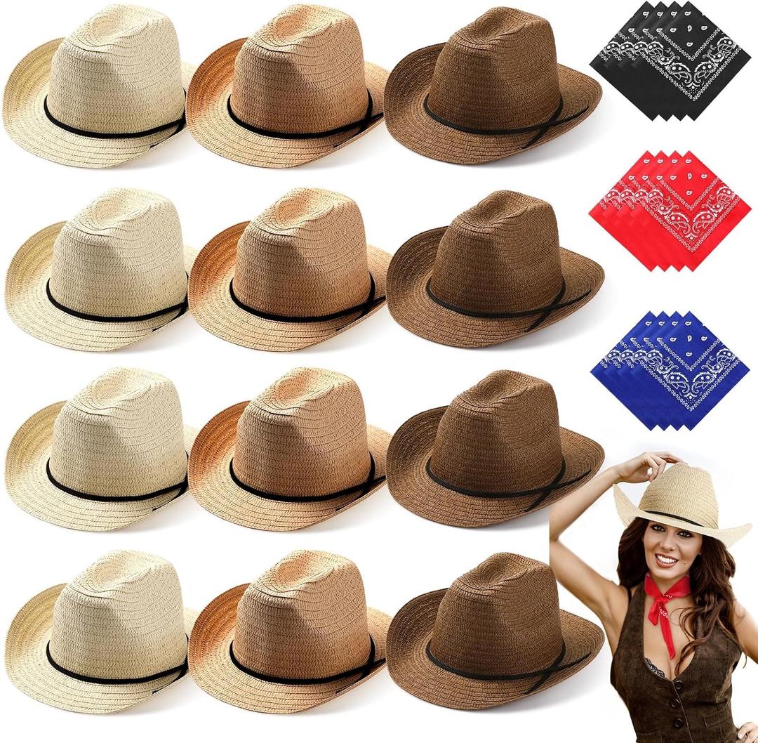 SATINIOR 12 Set Straw Cowboy Hats & Bandanas - Cowboy Party Hat Costume with Head Bandana (Beige,khaki,brown)