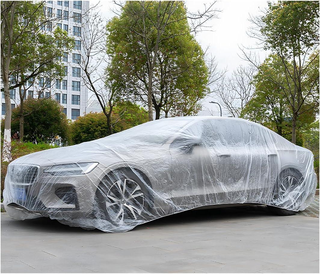2 PCS Disposable Car Cover, 12.519.7 Ft Waterproof Clear Plastic Full Car Cover Protection, Universal Rain Dust Garage Cover with Elastic Band for Sedan, Car Accessories (M)