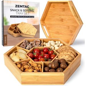 Snack Tray with Lid That Doubles as a Serving Tray  13"x11" Bamboo Wooden Dry Fruit Tray for Nuts & Candy, Decorative Trays for Home Decor, Coffee Table or Ottoman Use (Bamboo, 13"x11")