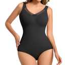 ciksob Shapewear Bodysuits for Women Tummy Control Wide Straps Body Shaper with V Neck Lace Seamless Body Suit (Black, Medium) (Black, M)