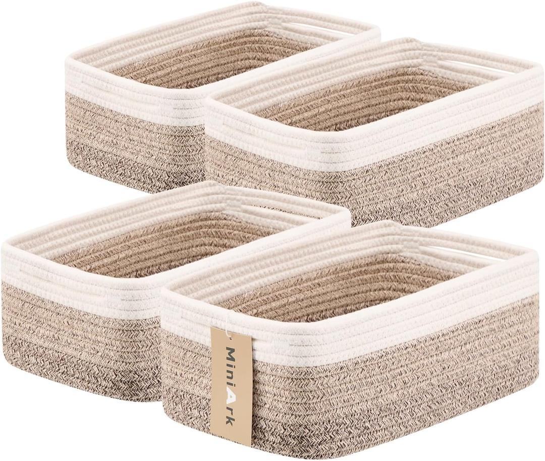 Small Storage Baskets for Organizing | Closet Organizer Bins | Shelf Toy Basket | Woven Rope Baskets | Cube Decorative Box | Shallow Basket | 13x8.5x5.1 | 4 Packs Gradient Brown