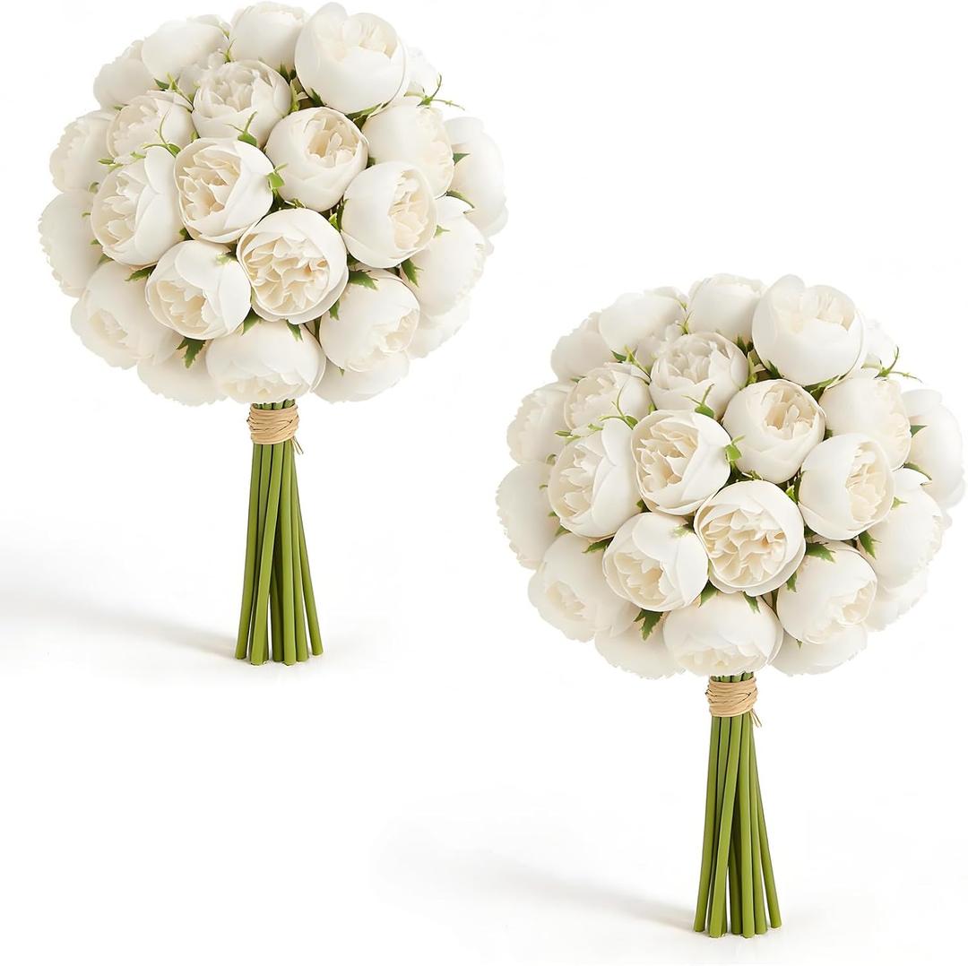 Ranunculus Bulbs Fake Flowers- 18pcs Artificial Silk Peony Bulk Faux Spring Flowers Indoor Outdoor for DIY Bouquets Wedding Centerpieces Bridal Shower Decorations,White