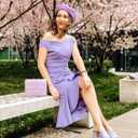 Knitee Women's Off Shoulder V-Neck Ruffle Pleat Waist Bodycon Evening Cocktail Slit Formal Dress (Light Purple)