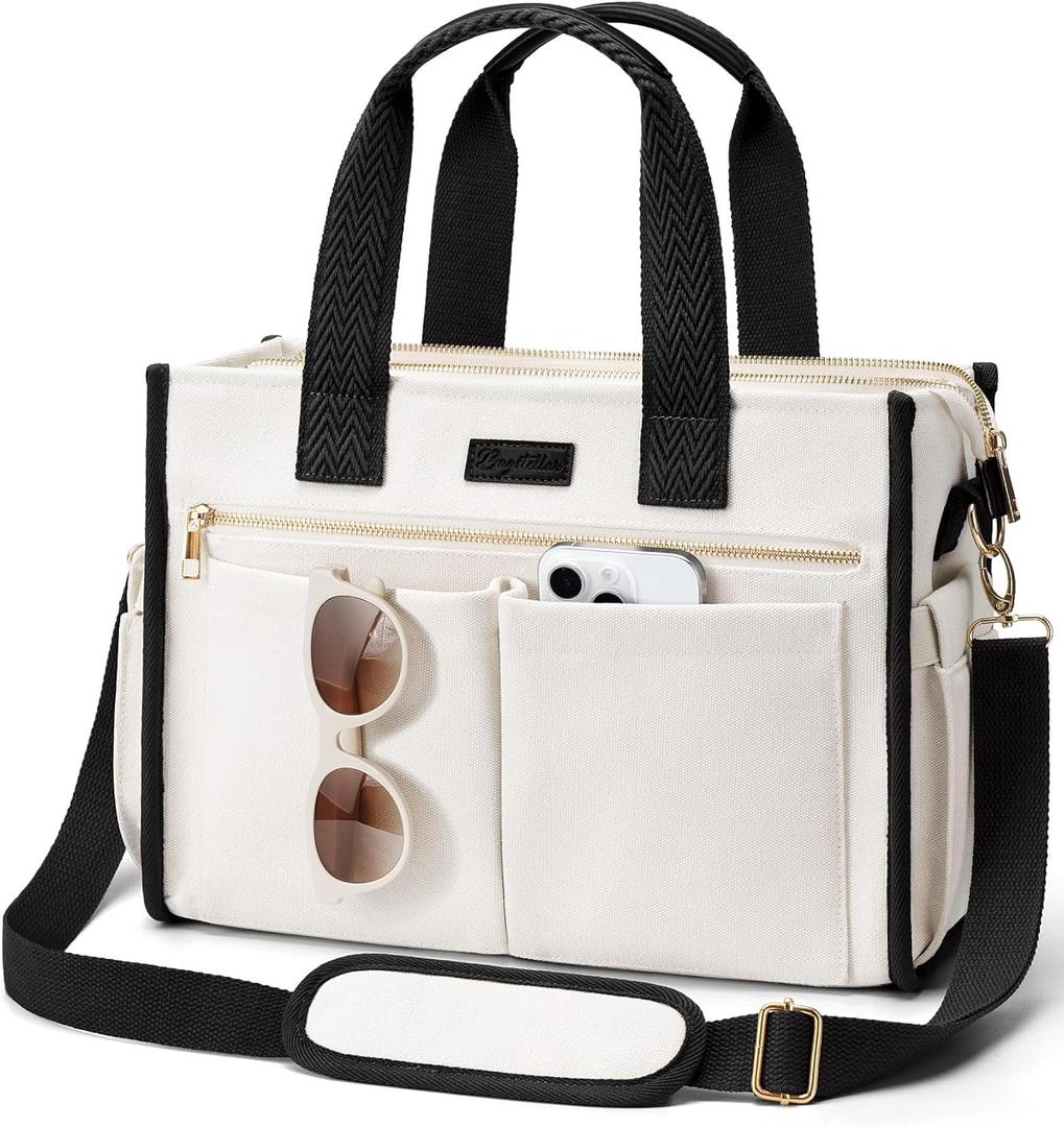 Canvas Tote Bag for Women, 15-Pockets Work Laptop Tote Purse Large Crossbody Nurse Teacher Bible Bag for School Travel Daily | with Strap & Zipper, Multi Compartment, Stand Upright Stably, College Shoulder Bag, Clinical Nursing Bag, Ideal Gift for Women (Medium-14inch, M2.black & White)