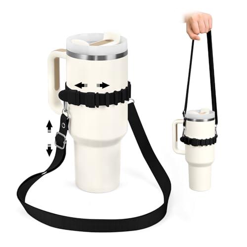 nediea Water Bottle Strap, Silicone Water Bottle Holder with Strap, Adjustable Handle Shoulder Carrier for Stanley, Water Bottle Sling Grip, Cup Crossbody Bag for Walking Hiking (Black)